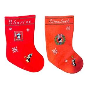 (2) Christmas Stockings Chilly Willy Penguin Cross Stitch Elizabeth Charles VTG